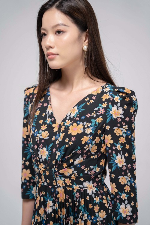 Sixdo Black Floral Midi Silk Dress